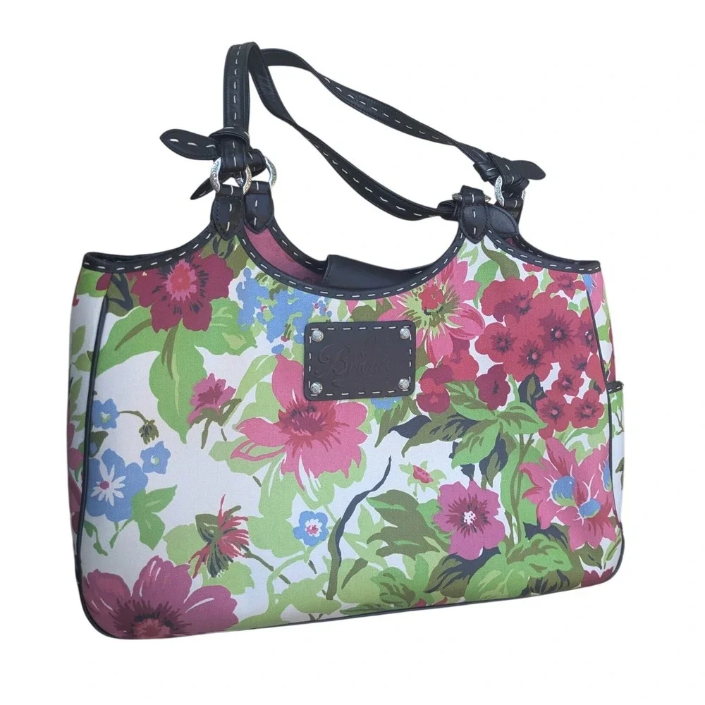 Brighton Floral Canvas Leather Trim Shoulder Bag Multi Color D145501 Medium Tote